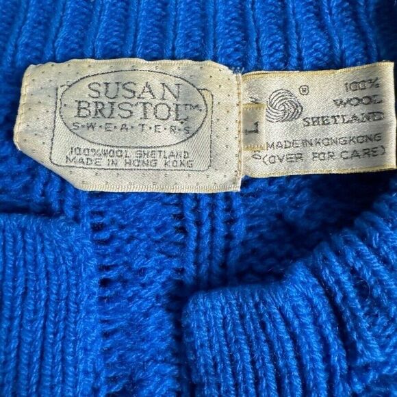 Vintage 1980s Susan Bristol Cobalt Blue 100% Wool Hand Knit Fisherman Cardigan - Picture 2 of 7